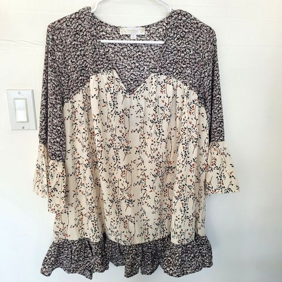 Suzanne Betro Weekend Size L Boho Top Floral Leaf Print Bell Sleeve Ruffle Hem - Picture 1 of 6